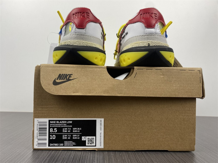 ow x nike blazer low in white and university red dh7863-100